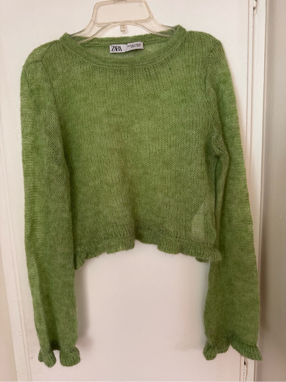ZARA Light Green Fuzzy Cropped Crew Neck Sweater